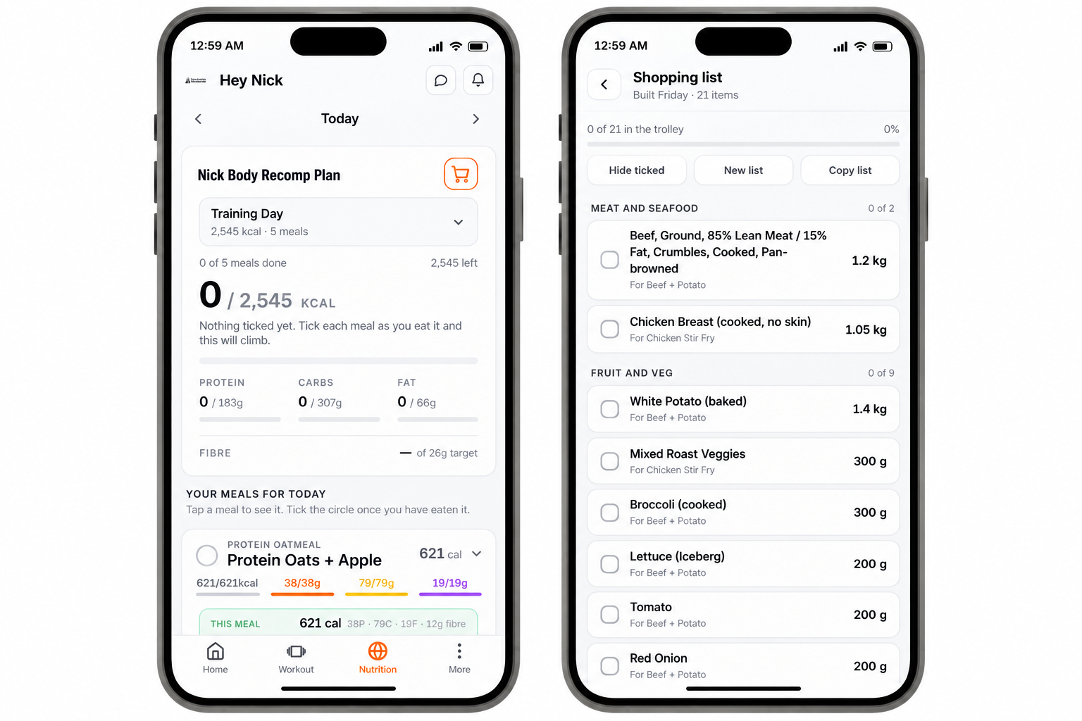 Coaching app nutrition screens showing the daily meal plan and an automatically built shopping list